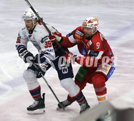 Eishockey ICE Bundesliga.  Winn2day ICE Hockey League. KAC gegen Hydro Fehervar AV 19.  Jan Mursak  (KAC),   Trevor Cheek (Fehervar). Klagenfurt, am 16.1.2026
Foto: Kuess
www.qspictures.net
---
pressefotos, pressefotografie, kuess, qs, qspictures, sport, bild, bilder, bilddatenbank