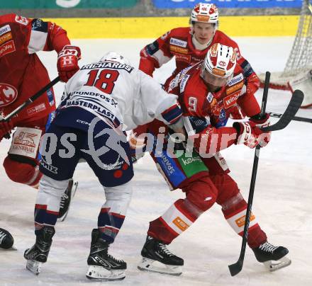 Eishockey ICE Bundesliga.  Winn2day ICE Hockey League. KAC gegen Hydro Fehervar AV 19.  Jan Mursak  (KAC),  Justin Richards  (Fehervar). Klagenfurt, am 16.1.2026
Foto: Kuess
www.qspictures.net
---
pressefotos, pressefotografie, kuess, qs, qspictures, sport, bild, bilder, bilddatenbank