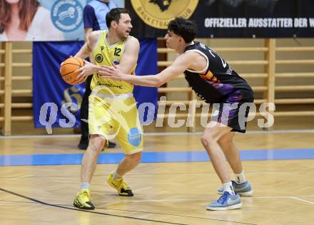Basketball 2. Liga 2025/2026. Grunddurchgang 15. Runde.  Woerthersee Piraten gegen Vienna United.  Jan-Arne Apschner (Piraten), Sebastian Mailath-Pokorny  (Vienna). Klagenfurt, am 24.1.2026
Foto: Kuess
---
pressefotos, pressefotografie, kuess, qs, qspictures, sport, bild, bilder, bilddatenbank