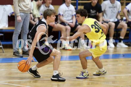 Basketball 2. Liga 2025/2026. Grunddurchgang 15. Runde.  Woerthersee Piraten gegen Vienna United.  Matheo Brandst&Atilde;&curren;tter (Piraten),  Kilian Witzmann (Vienna). Klagenfurt, am 24.1.2026
Foto: Kuess
---
pressefotos, pressefotografie, kuess, qs, qspictures, sport, bild, bilder, bilddatenbank