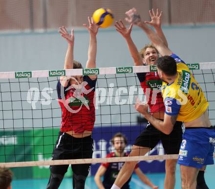 Volleyball.  Austrian Volley League Men.  VBK Kelag Woerther-See-Loewen Klagenfurt gegen SK Zadruga Aich/Dob.  David Marius PETSCHNIG, Elias Benedikt HOLZINGER  (Woerthersee-Loewen),  Luan WEBER  (Aich/Dob). Klagenfurt, am 31.1.2026.
Foto: Kuess
www.qspictures.net
---
pressefotos, pressefotografie, kuess, qs, qspictures, sport, bild, bilder, bilddatenbank