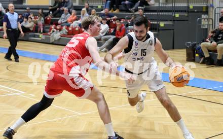 Basketball 2. Liga 2025/2026. Grunddurchgang 16. Runde.  KOS Celovec gegen Upper Austrian Ballers.  Marin Sliskovic  (KOS), Paul Lammer  (Austrian Ballers). Klagenfurt, am 31.1.2026
Foto: Kuess
---
pressefotos, pressefotografie, kuess, qs, qspictures, sport, bild, bilder, bilddatenbank