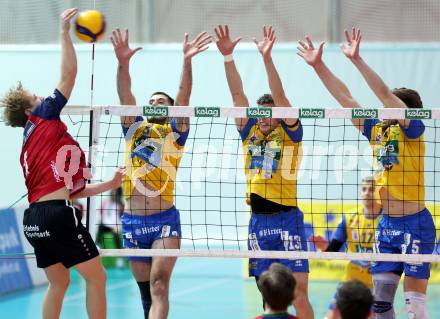 Volleyball.  Austrian Volley League Men.  VBK Kelag Woerther-See-Loewen Klagenfurt gegen SK Zadruga Aich/Dob.  Elias Benedikt HOLZINGER  (Woerthersee-Loewen), Luan WEBER, Sebastian SABLATNIG, Jan JIRASEK  (Aich/Dob). Klagenfurt, am 31.1.2026.
Foto: Kuess
www.qspictures.net
---
pressefotos, pressefotografie, kuess, qs, qspictures, sport, bild, bilder, bilddatenbank