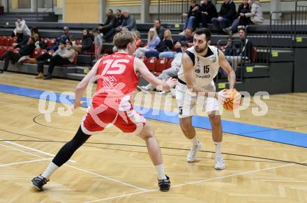 Basketball 2. Liga 2025/2026. Grunddurchgang 16. Runde.  KOS Celovec gegen Upper Austrian Ballers.  Marin Sliskovic  (KOS), Paul Lammer  (Austrian Ballers). Klagenfurt, am 31.1.2026
Foto: Kuess
---
pressefotos, pressefotografie, kuess, qs, qspictures, sport, bild, bilder, bilddatenbank