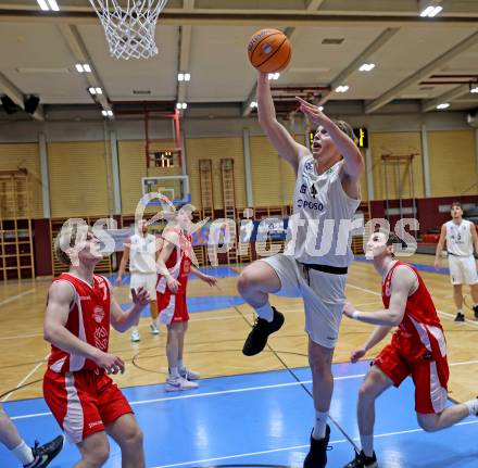 Basketball 2. Liga 2025/2026. Grunddurchgang 16. Runde.  KOS Celovec gegen Upper Austrian Ballers.   Samuel Seher (KOS),  Jonas Schachinger (Austrian Ballers). Klagenfurt, am 31.1.2026
Foto: Kuess
---
pressefotos, pressefotografie, kuess, qs, qspictures, sport, bild, bilder, bilddatenbank