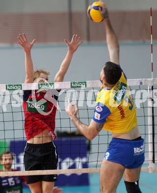 Volleyball.  Austrian Volley League Men.  VBK Kelag Woerther-See-Loewen Klagenfurt gegen SK Zadruga Aich/Dob.  Elias Benedikt HOLZINGER  (Woerthersee-Loewen),   Luan WEBER (Aich/Dob). Klagenfurt, am 31.1.2026.
Foto: Kuess
www.qspictures.net
---
pressefotos, pressefotografie, kuess, qs, qspictures, sport, bild, bilder, bilddatenbank