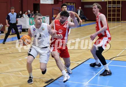 Basketball 2. Liga 2025/2026. Grunddurchgang 16. Runde.  KOS Celovec gegen Upper Austrian Ballers.  Jernej Andolsek Heine   (KOS), Simon Burgholzer  (Austrian Ballers). Klagenfurt, am 31.1.2026
Foto: Kuess
---
pressefotos, pressefotografie, kuess, qs, qspictures, sport, bild, bilder, bilddatenbank