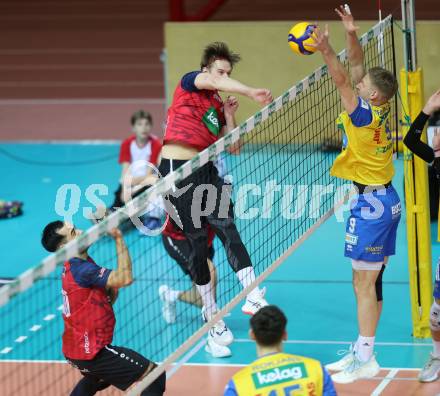 Volleyball.  Austrian Volley League Men.  VBK Kelag Woerther-See-Loewen Klagenfurt gegen SK Zadruga Aich/Dob. David Marius PETSCHNIG, Leonardo PLAZA GANDINI   (Woerthersee-Loewen), Nicolai GRABMUELLER  (Aich/Dob). Klagenfurt, am 31.1.2026.
Foto: Kuess
www.qspictures.net
---
pressefotos, pressefotografie, kuess, qs, qspictures, sport, bild, bilder, bilddatenbank