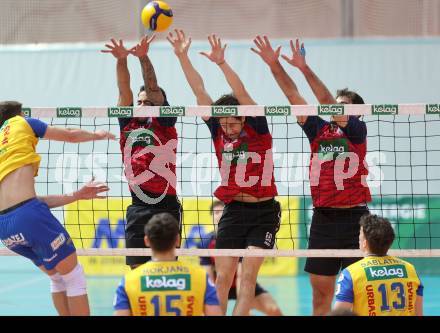 Volleyball.  Austrian Volley League Men.  VBK Kelag Woerther-See-Loewen Klagenfurt gegen SK Zadruga Aich/Dob.  Leonardo PLAZA GANDINI,  Jonas Emanuel HOLZINGER, Felix Alexander PONTASCH (Woerthersee-Loewen),  Zigurds Janis LICIS (Aich/Dob). Klagenfurt, am 31.1.2026.
Foto: Kuess
www.qspictures.net
---
pressefotos, pressefotografie, kuess, qs, qspictures, sport, bild, bilder, bilddatenbank