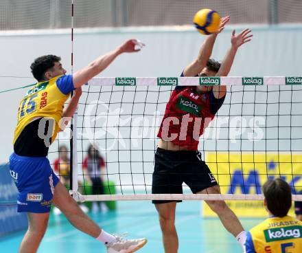 Volleyball.  Austrian Volley League Men.  VBK Kelag Woerther-See-Loewen Klagenfurt gegen SK Zadruga Aich/Dob. Michael Mario KLEMEN   (Woerthersee-Loewen), Armands ROKJANS  (Aich/Dob). Klagenfurt, am 31.1.2026.
Foto: Kuess
www.qspictures.net
---
pressefotos, pressefotografie, kuess, qs, qspictures, sport, bild, bilder, bilddatenbank
