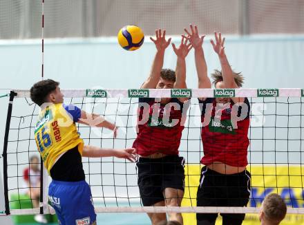 Volleyball.  Austrian Volley League Men.  VBK Kelag Woerther-See-Loewen Klagenfurt gegen SK Zadruga Aich/Dob. Michael Mario KLEMEN,  David Marius PETSCHNIG  (Woerthersee-Loewen), Armands ROKJANS  (Aich/Dob). Klagenfurt, am 31.1.2026.
Foto: Kuess
www.qspictures.net
---
pressefotos, pressefotografie, kuess, qs, qspictures, sport, bild, bilder, bilddatenbank
