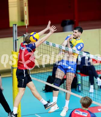 Volleyball.  Austrian Volley League Men.  VBK Kelag Woerther-See-Loewen Klagenfurt gegen SK Zadruga Aich/Dob.  Elias Benedikt HOLZINGER  (Woerthersee-Loewen), Luan WEBER  (Aich/Dob). Klagenfurt, am 31.1.2026.
Foto: Kuess
www.qspictures.net
---
pressefotos, pressefotografie, kuess, qs, qspictures, sport, bild, bilder, bilddatenbank
