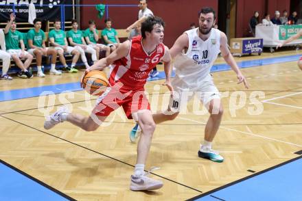 Basketball 2. Liga 2025/2026. Grunddurchgang 16. Runde.  KOS Celovec gegen Upper Austrian Ballers.    Veljko Dena (KOS), Luis Streitberger (Austrian Ballers). Klagenfurt, am 31.1.2026
Foto: Kuess
---
pressefotos, pressefotografie, kuess, qs, qspictures, sport, bild, bilder, bilddatenbank
