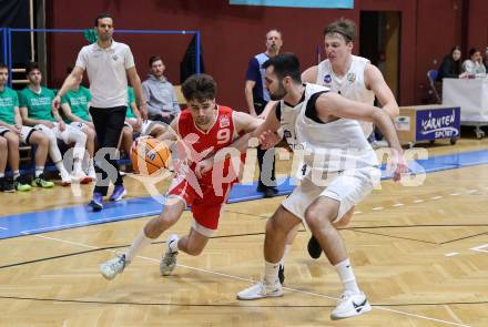Basketball 2. Liga 2025/2026. Grunddurchgang 16. Runde.  KOS Celovec gegen Upper Austrian Ballers.   Marin Sliskovic (KOS), Dominik Schachinger  (Austrian Ballers). Klagenfurt, am 31.1.2026
Foto: Kuess
---
pressefotos, pressefotografie, kuess, qs, qspictures, sport, bild, bilder, bilddatenbank