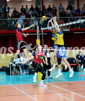 Volleyball.  Austrian Volley League Men.  VBK Kelag Woerther-See-Loewen Klagenfurt gegen SK Zadruga Aich/Dob. Elias Benedikt HOLZINGER, David Marius PETSCHNIG   (Woerthersee-Loewen),  Luan WEBER, Nicolai GRABMUELLER (Aich/Dob). Klagenfurt, am 31.1.2026.
Foto: Kuess
www.qspictures.net
---
pressefotos, pressefotografie, kuess, qs, qspictures, sport, bild, bilder, bilddatenbank