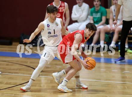Basketball 2. Liga 2025/2026. Grunddurchgang 16. Runde.  KOS Celovec gegen Upper Austrian Ballers.   Simon Siencnik (KOS), Paul Kaltenbrunner  (Austrian Ballers). Klagenfurt, am 31.1.2026
Foto: Kuess
---
pressefotos, pressefotografie, kuess, qs, qspictures, sport, bild, bilder, bilddatenbank