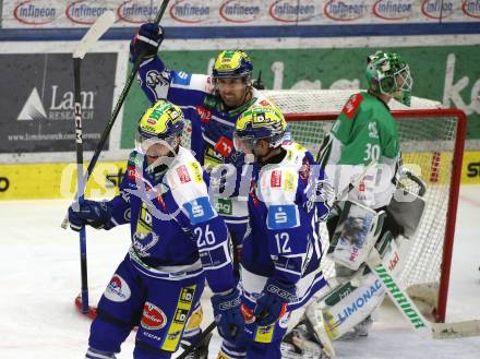 Eishockey ICE Bundesliga.  Winn2day ICE Hockey League. VSV gegen Olimpija Ljubljana.  Torjubel Guus Van Nes, Nick Hutchison, Brett Budgell  (VSV). Klagenfurt, am 1.2..2026
Foto: Kuess
www.qspictures.net
---
pressefotos, pressefotografie, kuess, qs, qspictures, sport, bild, bilder, bilddatenbank