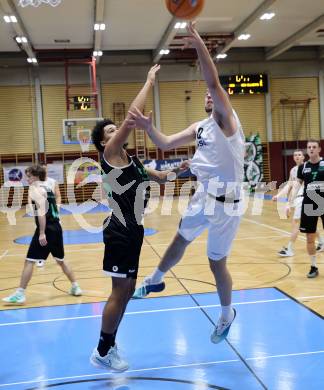 Basketball 2. Liga 2025/2026. Grunddurchgang 17. Runde.  KOS Celovec gegen Union Deutsch Wagram Alligators.  Veljko Dena  (KOS), Obinna Ndukwe  (UDW Alligators). Klagenfurt, am 7.2.2026
Foto: Kuess
---
pressefotos, pressefotografie, kuess, qs, qspictures, sport, bild, bilder, bilddatenbank
