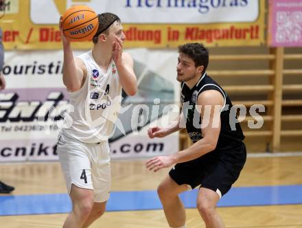 Basketball 2. Liga 2025/2026. Grunddurchgang 17. Runde.  KOS Celovec gegen Union Deutsch Wagram Alligators.  Samuel Seher  (KOS),  Ognjen Drljaca (UDW Alligators). Klagenfurt, am 7.2.2026
Foto: Kuess
---
pressefotos, pressefotografie, kuess, qs, qspictures, sport, bild, bilder, bilddatenbank