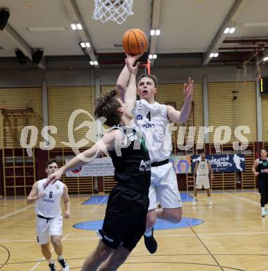 Basketball 2. Liga 2025/2026. Grunddurchgang 17. Runde.  KOS Celovec gegen Union Deutsch Wagram Alligators.  Samuel Seher  (KOS),  Simon Marek (UDW Alligators). Klagenfurt, am 7.2.2026
Foto: Kuess
---
pressefotos, pressefotografie, kuess, qs, qspictures, sport, bild, bilder, bilddatenbank