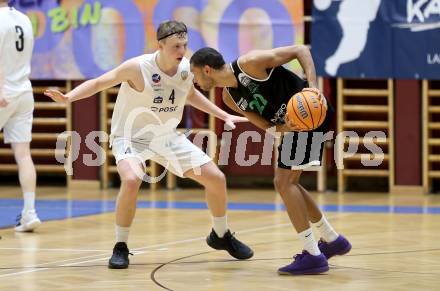 Basketball 2. Liga 2025/2026. Grunddurchgang 17. Runde.  KOS Celovec gegen Union Deutsch Wagram Alligators.   Samuel Seher (KOS), Philip Konate  (UDW Alligators). Klagenfurt, am 7.2.2026
Foto: Kuess
---
pressefotos, pressefotografie, kuess, qs, qspictures, sport, bild, bilder, bilddatenbank