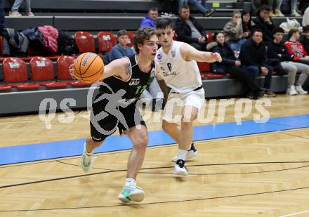 Basketball 2. Liga 2025/2026. Grunddurchgang 17. Runde.  KOS Celovec gegen Union Deutsch Wagram Alligators.   Jure Bavdek (KOS),  Simon Marek (UDW Alligators). Klagenfurt, am 7.2.2026
Foto: Kuess
---
pressefotos, pressefotografie, kuess, qs, qspictures, sport, bild, bilder, bilddatenbank