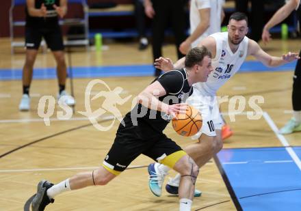 Basketball 2. Liga 2025/2026. Grunddurchgang 17. Runde.  KOS Celovec gegen Union Deutsch Wagram Alligators. Veljko Dena   (KOS),  Vitalii Shorstkiy (UDW Alligators). Klagenfurt, am 7.2.2026
Foto: Kuess
---
pressefotos, pressefotografie, kuess, qs, qspictures, sport, bild, bilder, bilddatenbank