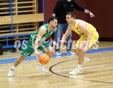 Basketball 2. Liga 2025/2026. Grunddurchgang 18. Runde.  Woerthersee Piraten gegen Future Team Steiermark.   David Jelkic (Piraten),  Justin McCaw  (Steiermark). Klagenfurt, am 14.2.2026
Foto: Kuess
---
pressefotos, pressefotografie, kuess, qs, qspictures, sport, bild, bilder, bilddatenbank