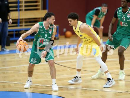 Basketball 2. Liga 2025/2026. Grunddurchgang 18. Runde.  Woerthersee Piraten gegen Future Team Steiermark.  Marcus Holyfield  (Piraten),  Justin McCaw  (Steiermark). Klagenfurt, am 14.2.2026
Foto: Kuess
---
pressefotos, pressefotografie, kuess, qs, qspictures, sport, bild, bilder, bilddatenbank