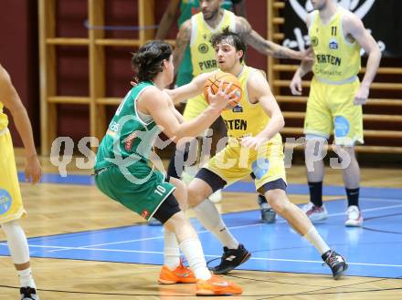 Basketball 2. Liga 2025/2026. Grunddurchgang 18. Runde.  Woerthersee Piraten gegen Future Team Steiermark.   Elias Podany (Piraten), Moritz Mogg  (Steiermark). Klagenfurt, am 14.2.2026
Foto: Kuess
---
pressefotos, pressefotografie, kuess, qs, qspictures, sport, bild, bilder, bilddatenbank