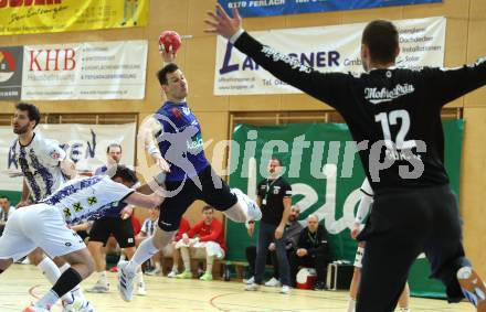 Handball Bundesliga. HLA. SC Ferlach gegen Hard.  Toni Perkusic (SCF),  Lukas Gurskis (Hard.  Ferlach, am 14.2.2026.
Foto: Kuess
www.qspictures.net
---
pressefotos, pressefotografie, kuess, qs, qspictures, sport, bild, bilder, bilddatenbank