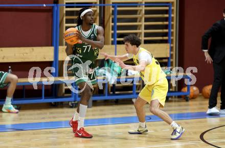 Basketball 2. Liga 2025/2026. Grunddurchgang 19. Runde.  Woerthersee Piraten gegen Dornbirn Lions. Matheo Brandstaetter   (Piraten),  Aristote Bissokot (Dornbirn). Klagenfurt, am 21.2.2026
Foto: Kuess
---
pressefotos, pressefotografie, kuess, qs, qspictures, sport, bild, bilder, bilddatenbank