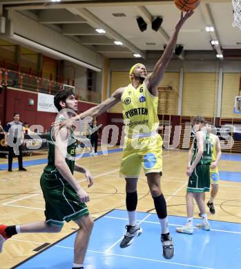 Basketball 2. Liga 2025/2026. Grunddurchgang 19. Runde.  Woerthersee Piraten gegen Dornbirn Lions.   Shawn L. Ray  (Piraten),  Noah Hupmann (Dornbirn). Klagenfurt, am 21.2.2026
Foto: Kuess
---
pressefotos, pressefotografie, kuess, qs, qspictures, sport, bild, bilder, bilddatenbank