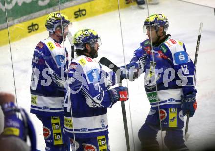 Eishockey ICE Bundesliga.  Winn2day ICE Hockey League. VSV gegen Pioneers Vorarlberg. Torjubel Guus Van Nes, Joel Teasdale, Brett Budgell    (VSV). Villach, am 22.2.2026.
Foto: Kuess
www.qspictures.net
---
pressefotos, pressefotografie, kuess, qs, qspictures, sport, bild, bilder, bilddatenbank