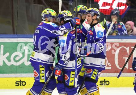 Eishockey ICE Bundesliga.  Winn2day ICE Hockey League. VSV gegen Pioneers Vorarlberg.   Torjubel Nick Hutchison, Kevin Hancock, Philipp Lindner  (VSV). Villach, am 22.2.2026.
Foto: Kuess
www.qspictures.net
---
pressefotos, pressefotografie, kuess, qs, qspictures, sport, bild, bilder, bilddatenbank