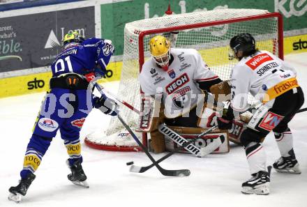 Eishockey ICE Bundesliga.  Winn2day ICE Hockey League. VSV gegen Pioneers Vorarlberg.   Nick Hutchison  (VSV),  David Madlener, Ramon Schnetzer   (Vorarlberg). Villach, am 22.2.2026.
Foto: Kuess
www.qspictures.net
---
pressefotos, pressefotografie, kuess, qs, qspictures, sport, bild, bilder, bilddatenbank