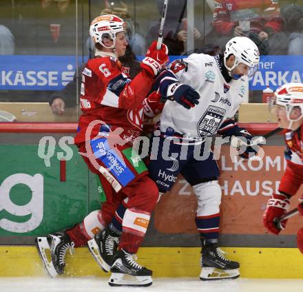 Eishockey ICE Bundesliga.  Winn2day ICE Hockey League. KAC gegen Hydro Fehervar AV 19.  Tobias Sablattnig  (KAC),  Maxwell Nicholas Gerlach  (Fehervar). Klagenfurt, am 16.1.2026
Foto: Kuess
www.qspictures.net
---
pressefotos, pressefotografie, kuess, qs, qspictures, sport, bild, bilder, bilddatenbank
