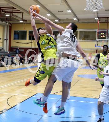 Basketball 2. Liga 2025/2026. Grunddurchgang 20. Runde.  KOS gegen Future Team Steiermark.  Veljko Dena  (KOS), Moritz Gauster  (Steiermark). Klagenfurt, am 28.2.2026
Foto: Kuess
---
pressefotos, pressefotografie, kuess, qs, qspictures, sport, bild, bilder, bilddatenbank