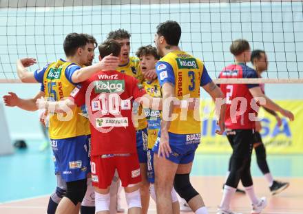 Volleyball.  Austrian Volley League Men.  VBK Kelag Woerther-See-Loewen Klagenfurt gegen SK Zadruga Aich/Dob.   Jubel  (Aich/Dob). Klagenfurt, am 7.3.2026.
Foto: Kuess
www.qspictures.net
---
pressefotos, pressefotografie, kuess, qs, qspictures, sport, bild, bilder, bilddatenbank