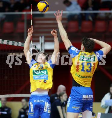 Volleyball.  Austrian Volley League Men.  VBK Kelag Woerther-See-Loewen Klagenfurt gegen SK Zadruga Aich/Dob.   Lukas Micheu, Sebastian Sablatnig  (Aich/Dob). Klagenfurt, am 7.3.2026.
Foto: Kuess
www.qspictures.net
---
pressefotos, pressefotografie, kuess, qs, qspictures, sport, bild, bilder, bilddatenbank