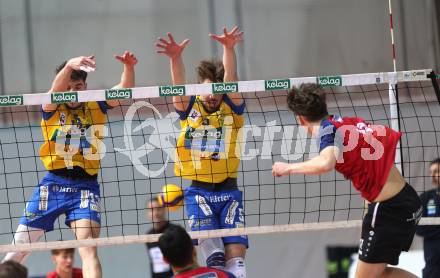 Volleyball.  Austrian Volley League Men.  VBK Kelag Woerther-See-Loewen Klagenfurt gegen SK Zadruga Aich/Dob.  Erik Kolev  (Woerthersee-Loewen),  Sebastian Sablatnig, Jan Jirasek  (Aich/Dob). Klagenfurt, am 7.3.2026.
Foto: Kuess
www.qspictures.net
---
pressefotos, pressefotografie, kuess, qs, qspictures, sport, bild, bilder, bilddatenbank