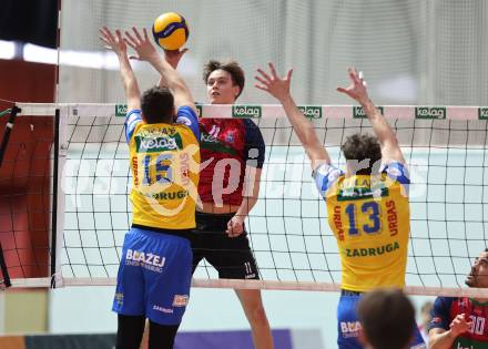 Volleyball.  Austrian Volley League Men.  VBK Kelag Woerther-See-Loewen Klagenfurt gegen SK Zadruga Aich/Dob.  Erik Kolev  (Woerthersee-Loewen), Armands Rokjans, Sebastian Sablatnig   (Aich/Dob). Klagenfurt, am 7.3.2026.
Foto: Kuess
www.qspictures.net
---
pressefotos, pressefotografie, kuess, qs, qspictures, sport, bild, bilder, bilddatenbank