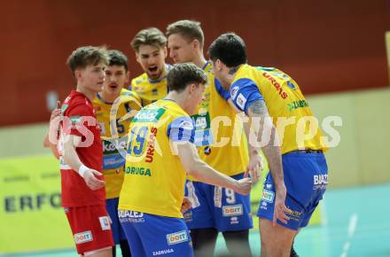 Volleyball.  Austrian Volley League Men.  VBK Kelag Woerther-See-Loewen Klagenfurt gegen SK Zadruga Aich/Dob.   Jubel  (Aich/Dob). Klagenfurt, am 7.3.2026.
Foto: Kuess
www.qspictures.net
---
pressefotos, pressefotografie, kuess, qs, qspictures, sport, bild, bilder, bilddatenbank