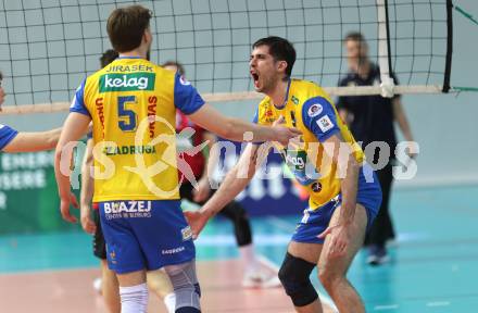Volleyball.  Austrian Volley League Men.  VBK Kelag Woerther-See-Loewen Klagenfurt gegen SK Zadruga Aich/Dob.   Jubel Luan Weber  (Aich/Dob). Klagenfurt, am 7.3.2026.
Foto: Kuess
www.qspictures.net
---
pressefotos, pressefotografie, kuess, qs, qspictures, sport, bild, bilder, bilddatenbank